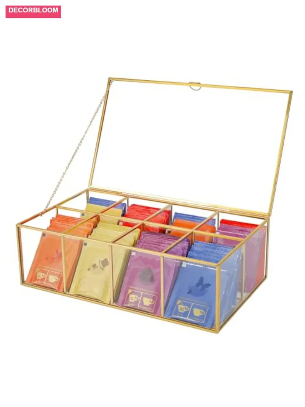 Glass Tea Bag Organizer with 8 Compartments, Handmade Large Storage Box for